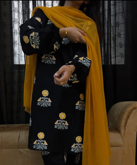 Sunlight Flower Black 2PC/3PC Suit – Premium Summer Linen