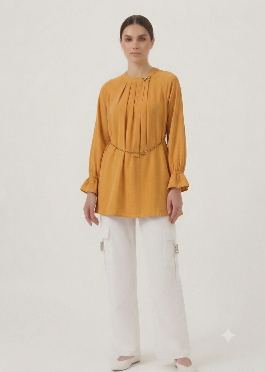 Elegant Flared-Sleeve Fusion Co-Ord Set Mustard
