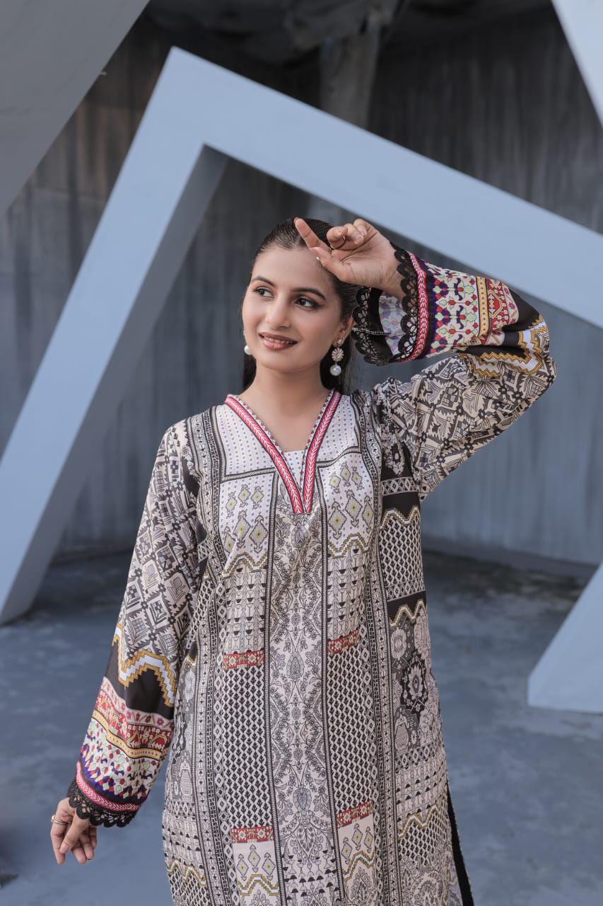 Ash Gary Digital 2 Pcs Coord Set | Silky Lawn Ready-to-Wear Outfit