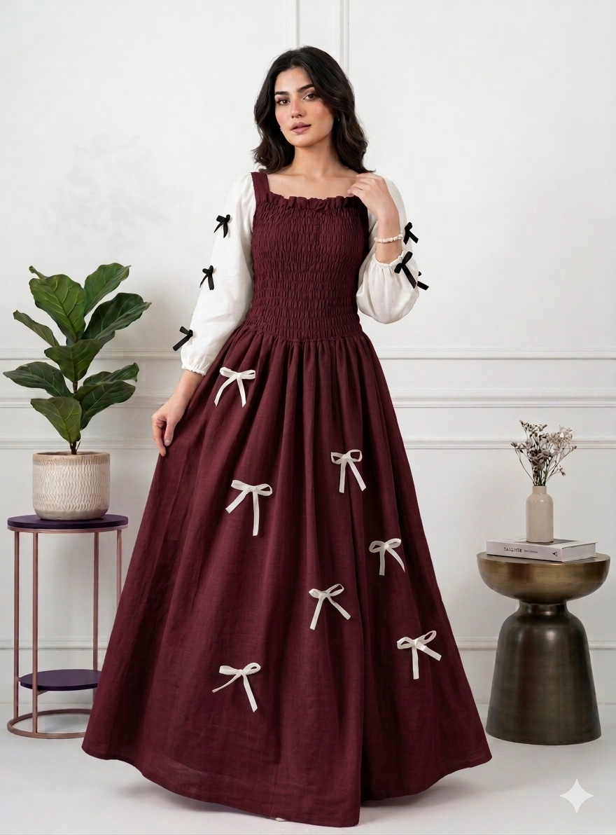 The Smocked Ribbon Maxi Mehroon