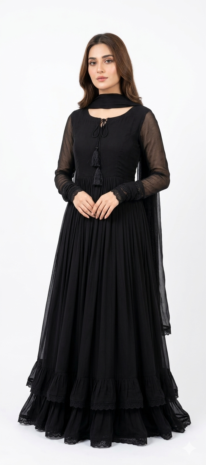 💖 Elegant Two Layers Border Flare Maxi
🌸 Includes Matching Dupatta & Trouser (3PCS)